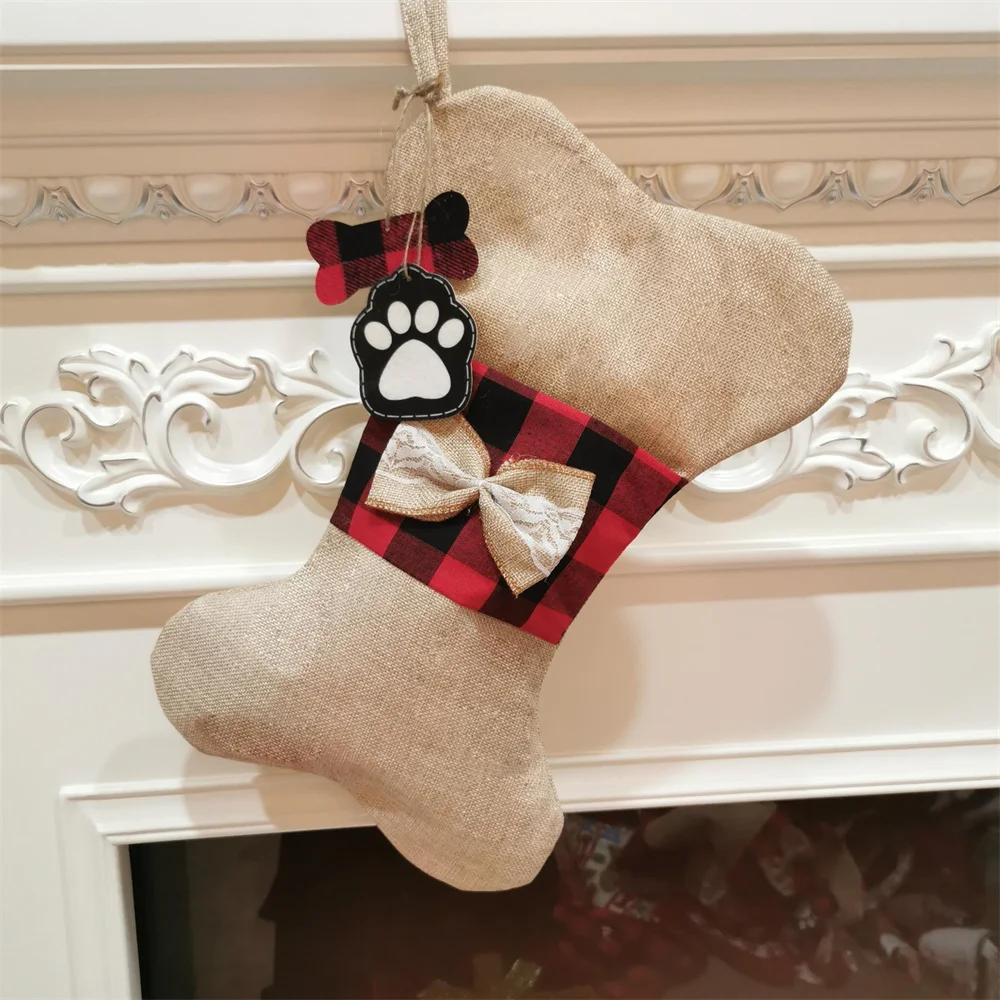 Plaid Christmas Stocking For Pet Buffalo Plaid Black And Red Checker Dog Bone Fish Shape For Puppy Kitty Cat With Bow - Image 4