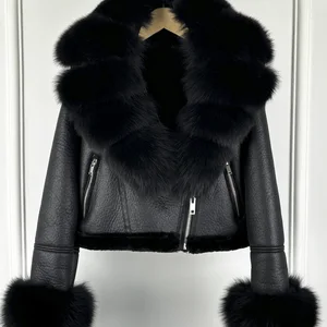 Lagabogy-Jacket Real Fox Fur Collar الشتاء سميك جلد صناعي للنساء سحاب طية صدر السترة قصير PU معطف دراجة دافئة للدراجات النارية 2022 أعلى 8 مبيعات معطف فرو الثعلب الحقيقي - رقم 6