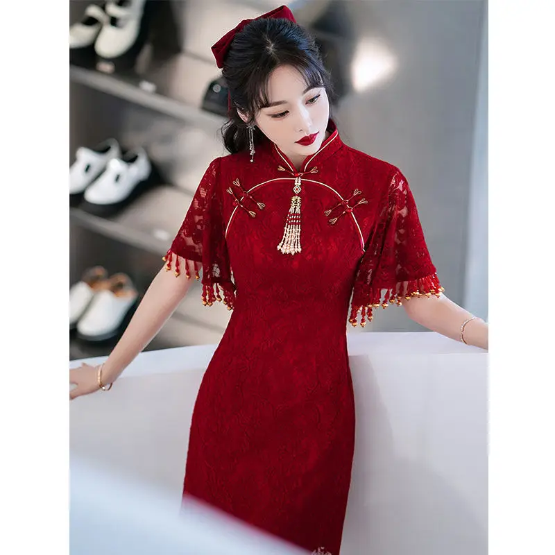 Chinese Style Burgundy Mandarin Collar Improved Qipao 2022 Women Formal Short Sleeves Tassels Toast Clothing Robes De Soirée