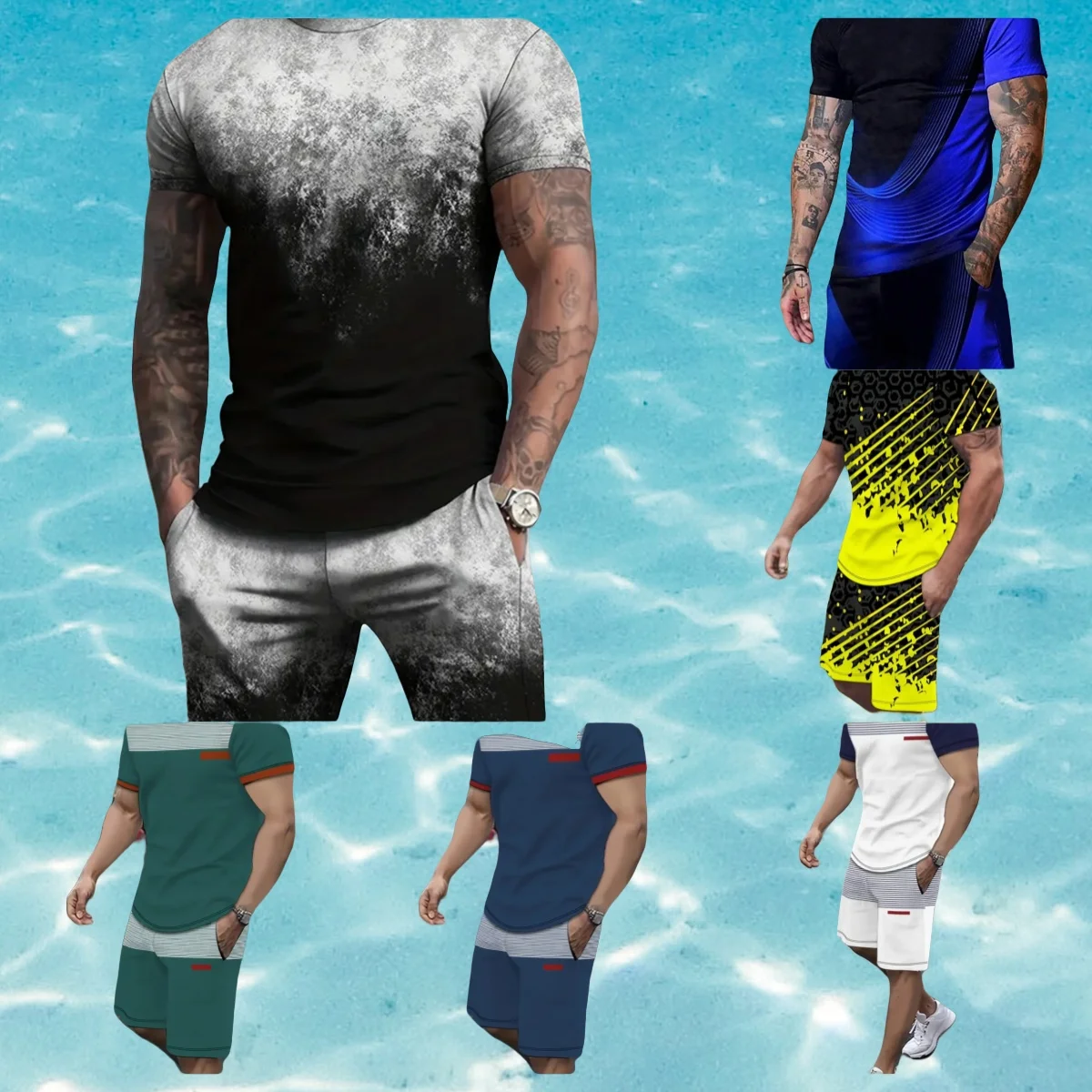 

New 2025 Men's Short-sleeved Shorts Suit Summer Fashion Round Neck T-shirt, Shorts Two-piece Street Shooting Casual Clothing