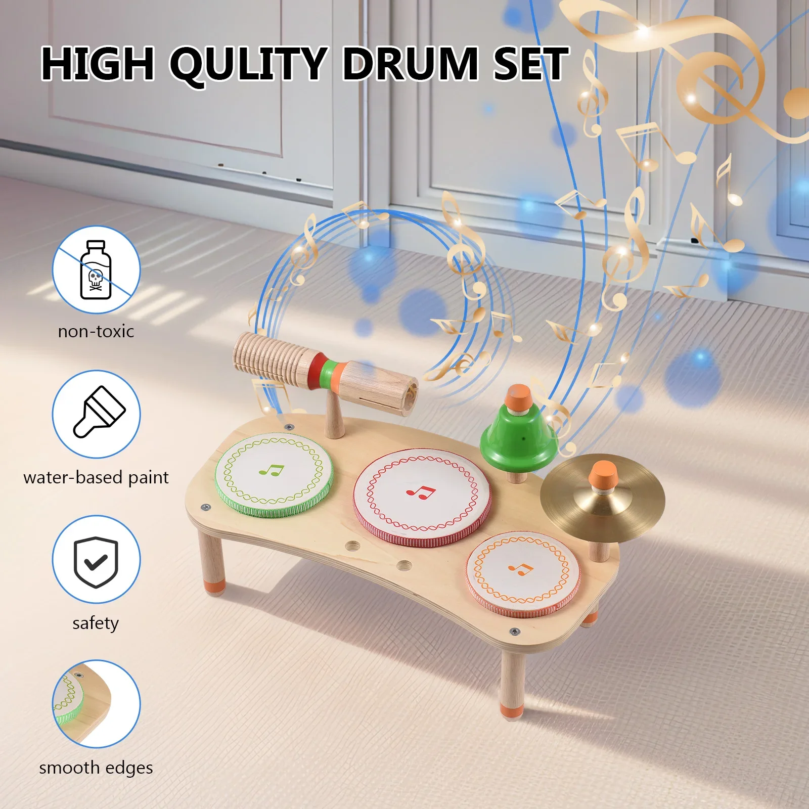 Drum Set 7-in-1 Desktop Drum Drum Kits Percussion Instrument Natural Wood Smooth Burrless for Christmas Gift Wooden Musical Kit