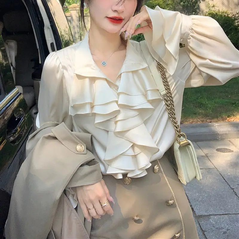 

Gagaok Shirts Women 2025 Auutmn New Chiffon Shirt French Style Elegant Long Sleeve Top Gentle Solid Casual Slimming Blouse