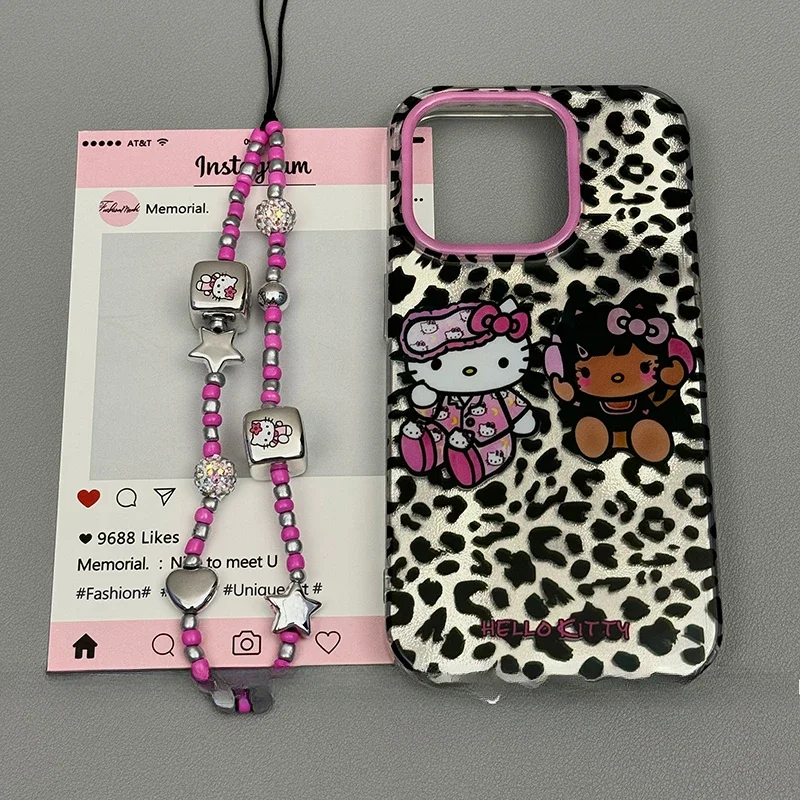 Funda Kawaii Tan Hello Kitty con estampado de leopardo Y2K para IPhone 16 15 14 13 12 Pro Max Sanrio funda protectora creativa con pulsera