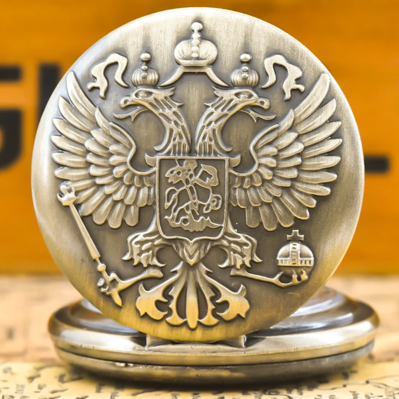 خمر البرونزية Steampunk برأسين النسر منحوتة هدية قلادة كوارتز سلسلة الرجال والنساء ساعة جيب تذكارية