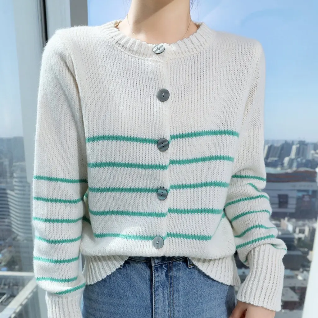 

Women's Korean Style Striped round Neck Knitted Cardigan Single-breasted Slimming Loose Sweater Jacket for Autumn Winter