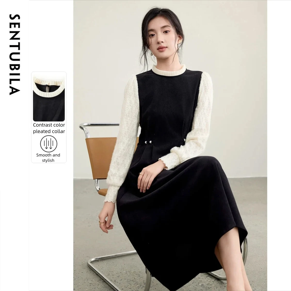 

SENTUBILA Women's Elegant Commuter Dress Autumn 2025 Contrast Color Block Dress & Tie Waist Corduroy Mock Two Piece 153LI3103