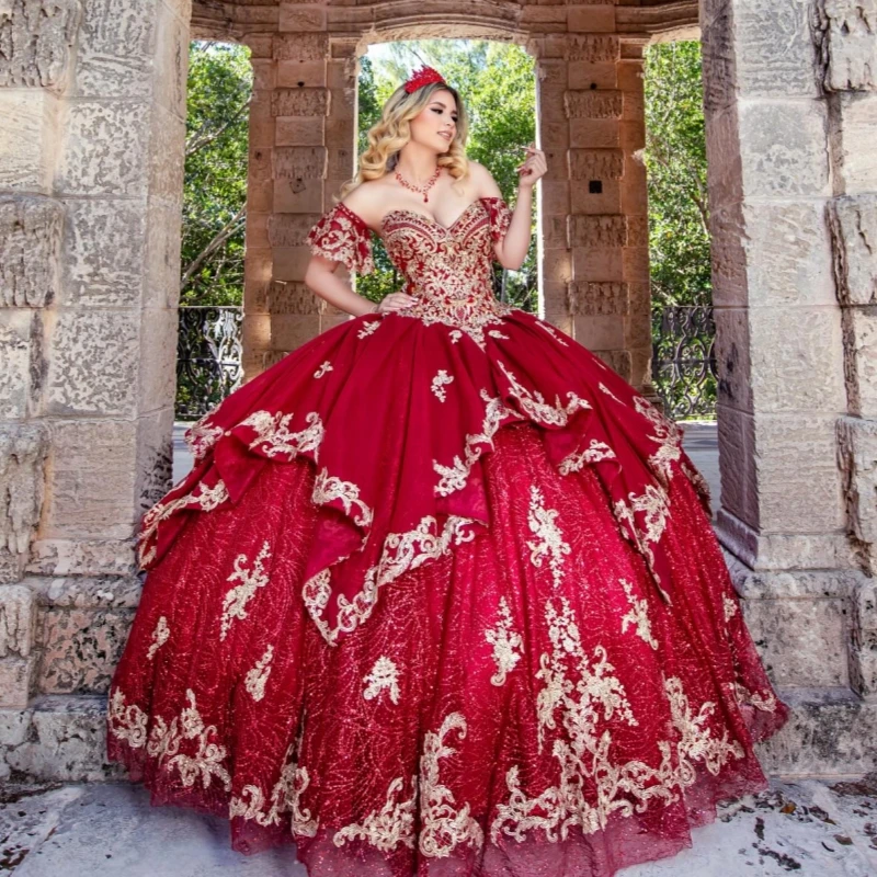

Red Shiny Quinceanera Dresses Ball Gown Off The Shoulder Applique Lace Beading Tull Party Birthday Sweet 16 Dress Vestidos De 15