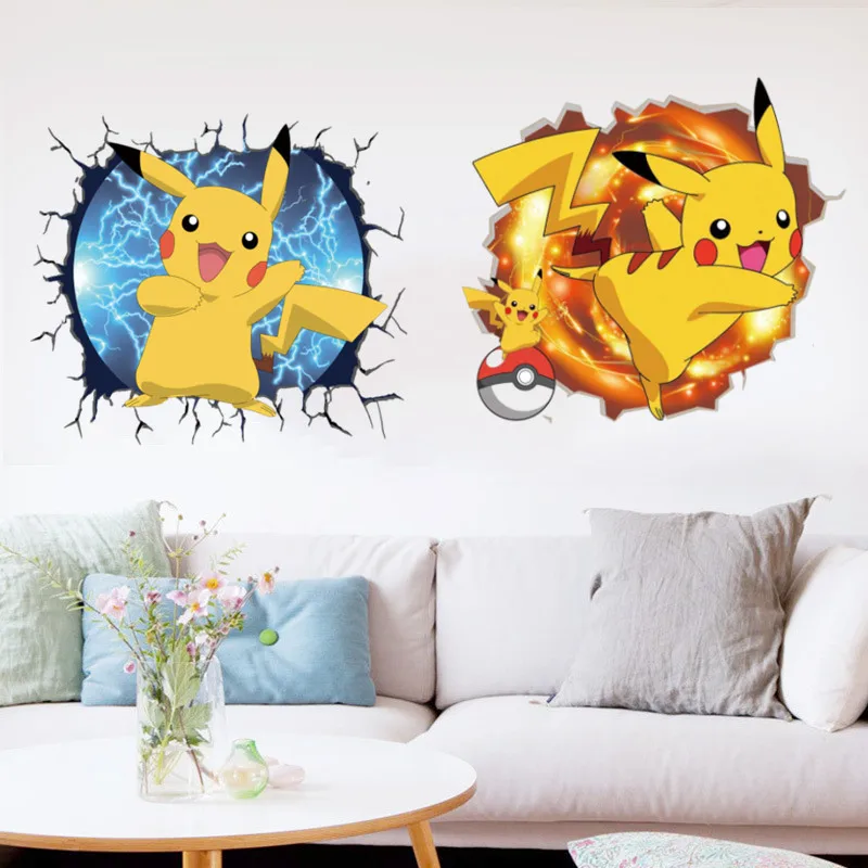 Autocollants muraux Pokemon Pikachu pour enfants, papier peint décoratif, autocollant Salamèche mignon, animation japonaise, cadeaux jouets, 3D cassé