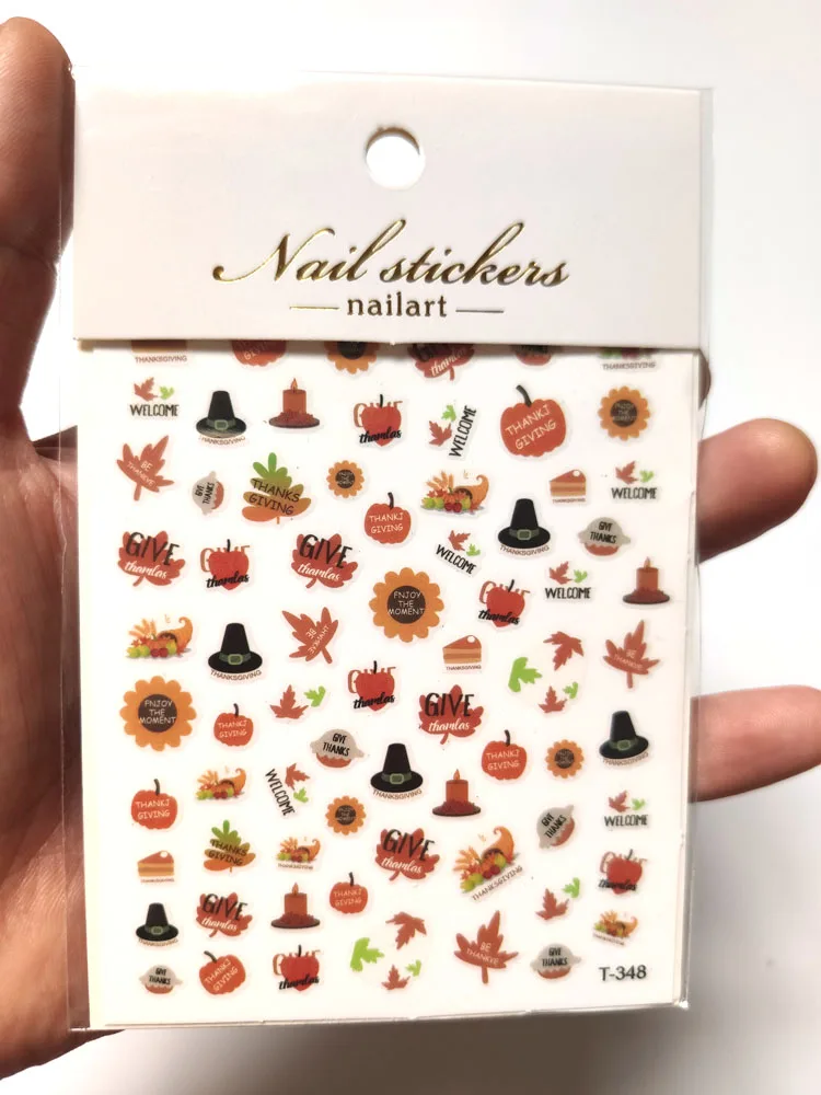 Pegatina 3D para decoración de uñas, calcomanías adhesivas con 5 diseños de hoja de arce, calabaza, pavo, Día de Acción de Gracias, otoño