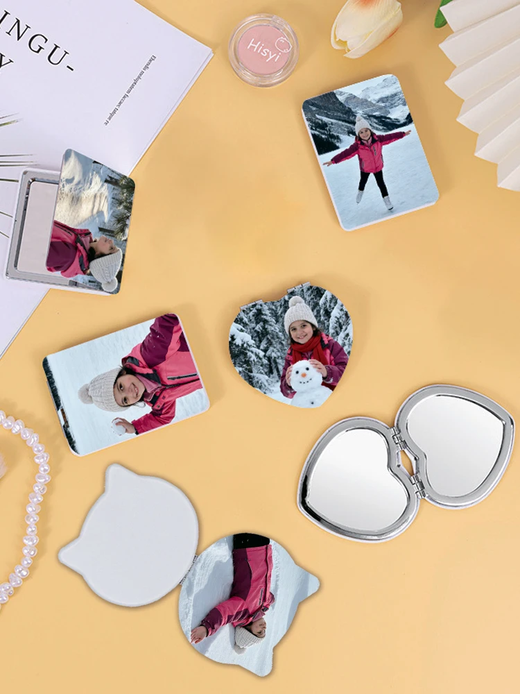 Miroir de poche en cuir PU personnalisé en forme de cœur/rectangulaire/en forme de chat/carré, miroirs de maquillage, miroir de coiffeuse, décoration de chambre