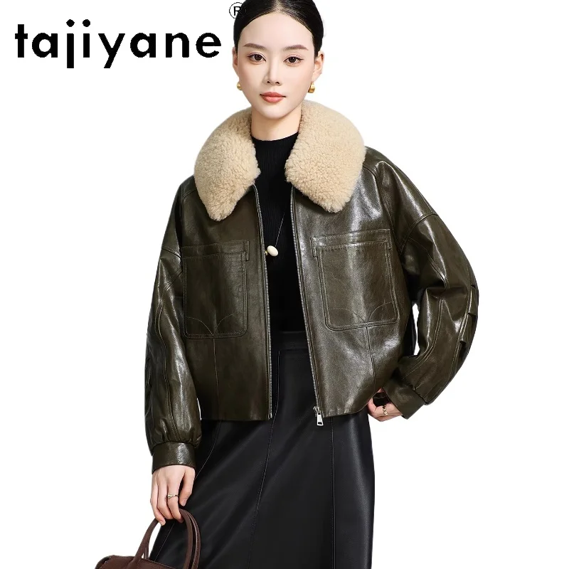 TAJIYANE 100% pelle di pecora a grana superiore Piumino d'oca bianca Donna Piumino corto in vera pelle con colletto in lana 2025 Inverno