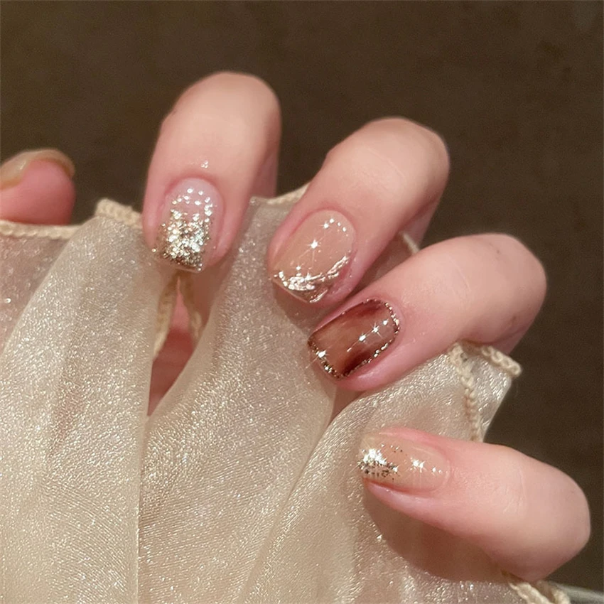 

24Pcs/Set Amber Seawater Swoosh Press on Nail Art Sweet Short Removable Fake Nails Oval Design Acrylic Wearing False Nails