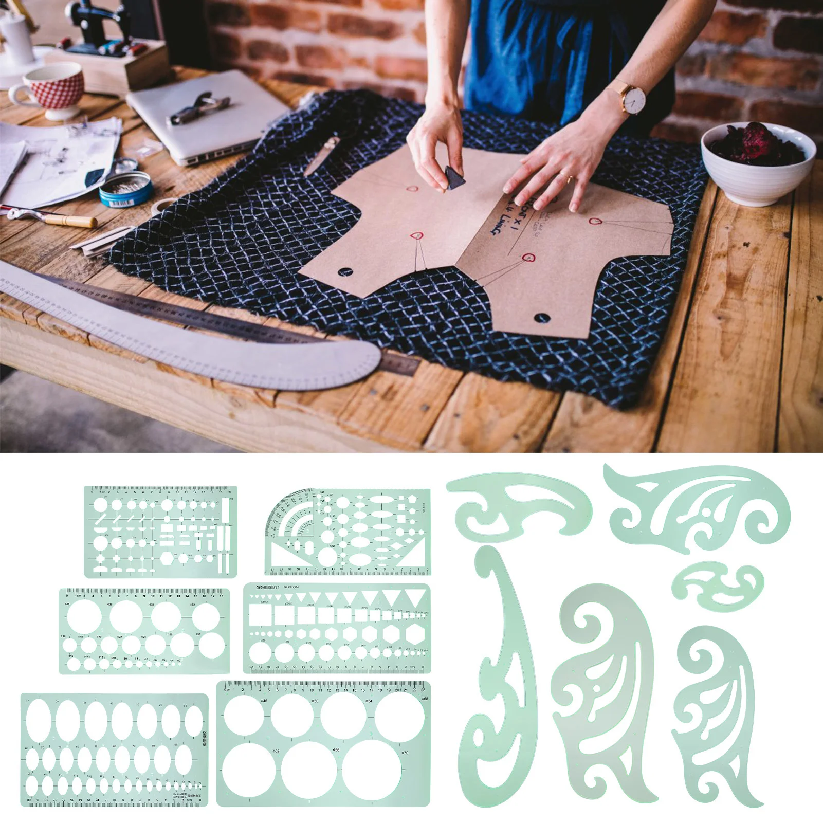 

Набор из 12 многофункциональных пластиковых линеек-трафаретов для черчения и измерения геометрических фигур, принадлежности для дизайна