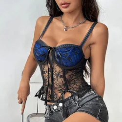 Sexy Sheer Lace Hook Flower Tanks Top Vintage Corset Bustier Camis Chic Crop Top Summer Basic Women Party Hotsweet Top Y2k
