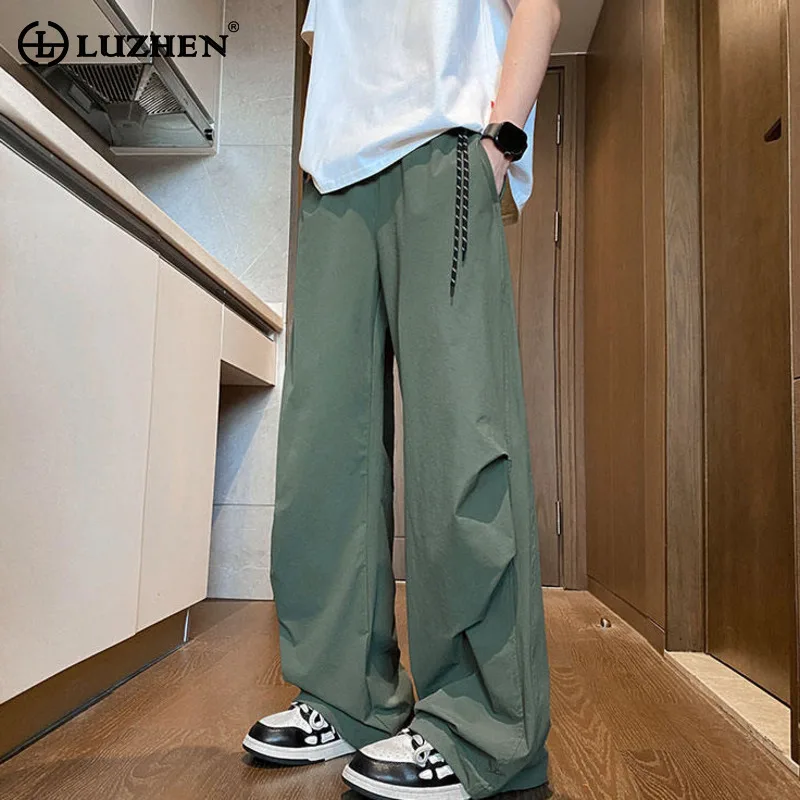 

LUZHEN 2025 New Handsome Fold Leg Straight Casual Pants Men's Fashion Solid Color Drawstring Elastic Waist Male Trousers JY3343