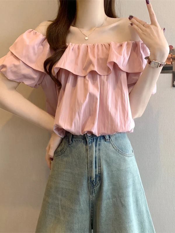 

Sakura Pink One-Shoulder Chiffon Short-Sleeve Shirt Women Summer Dopaamine Shoulder Exposure Pure Desire Shirt