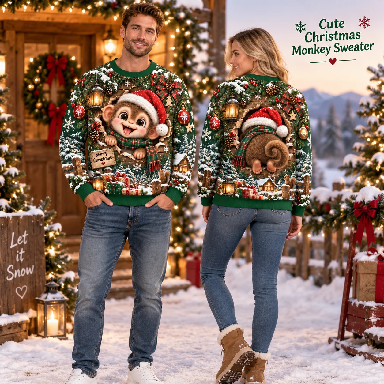 Christmas Monkey Ugly Christmas Sweater For Men Women, Cute Animal Sweaters With Snowy Cabin Holiday Print