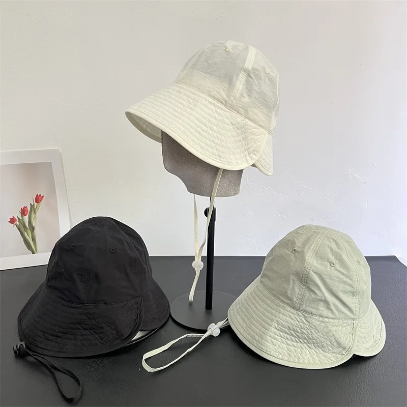 Dongdaemun K-Fashion Asymmetric Unbalance Bucket Hat Y2K Gorpcore Safari Hat Quick Dry Outdoor Sun Cap Windproof Rope Unisex