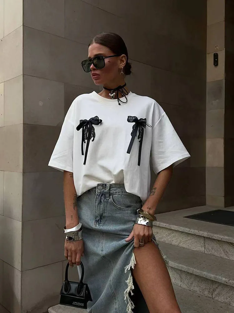 Cotton Mid Length Summer Tees Streetwear Plus Size T Shirt Women Harajuku BF Loose White Printed Short sleeve T Shirt Female