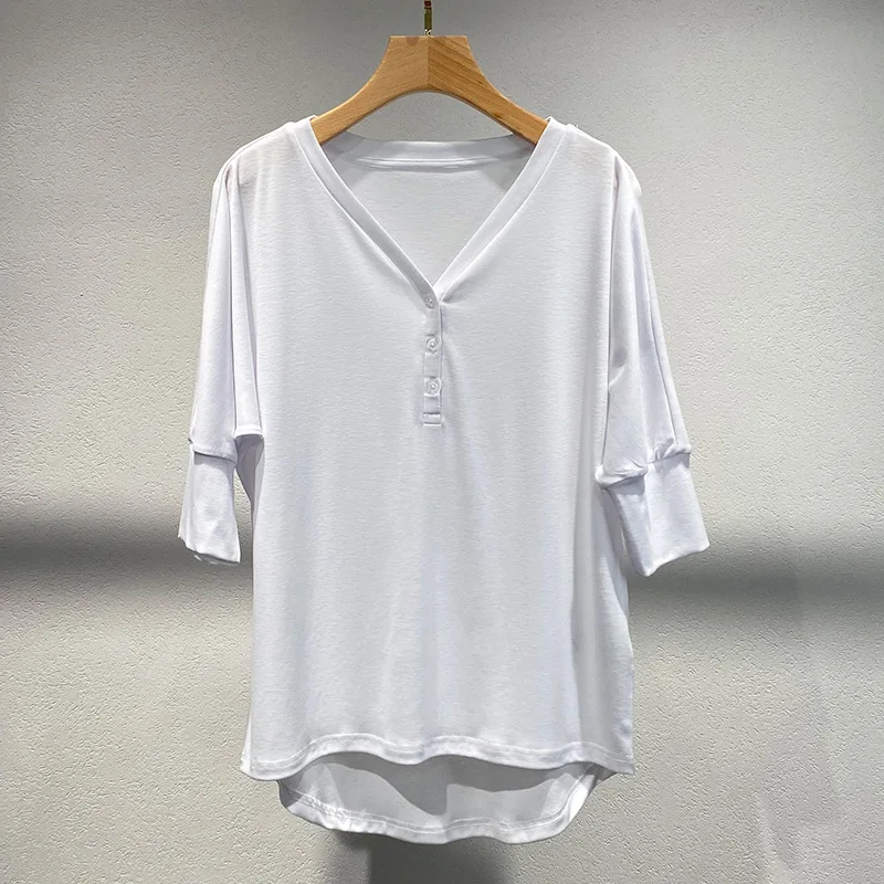 

Xiaozhong 2025 Spring/Summer New Style Casual Loose T-shirt Simple Short Sleeve Button-up Top for Women