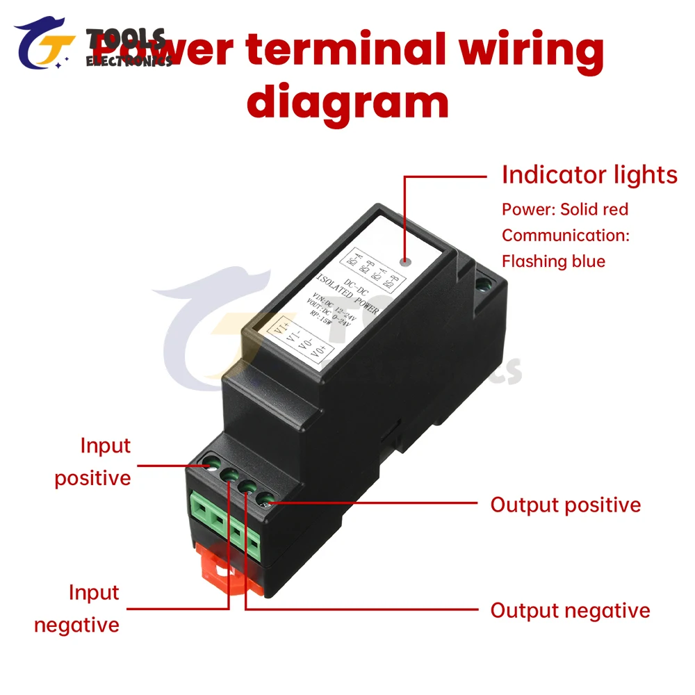Zasilacz DC-DC na szynę DIN, izolowany, regulowany, wejście 12-24V, wyjście 0-24V, obsługa Modbus RS485, przemysłowy.