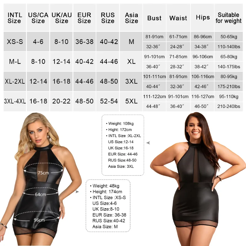 Ohyeahlady Women Halter Neck Mini Dress Sleeveless Bodycon Party Clubwear Lingerie Plus Size Nightgown Sexy Leather Mesh Pajamas