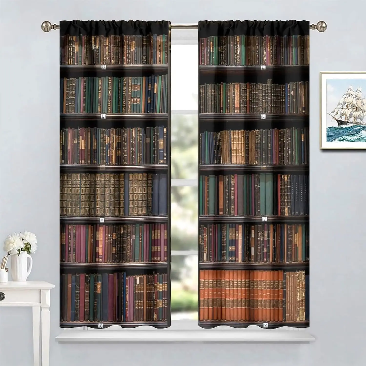 Room Darkening Retro Bookshelf Curtains - Library Books Neatly Arranged Print for Kitchen, Bedroom, - Shading Curtain Set