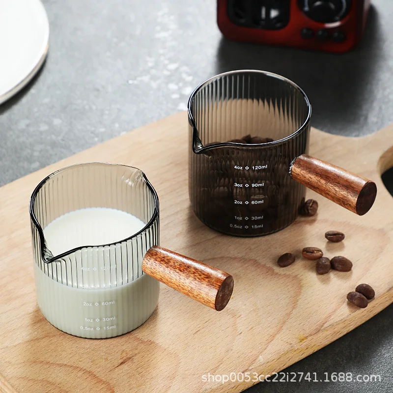 Wooden handle, double mouth, small milk cup, coffee cup, Italian glass coffee measuring  latte cup, mini milk jar