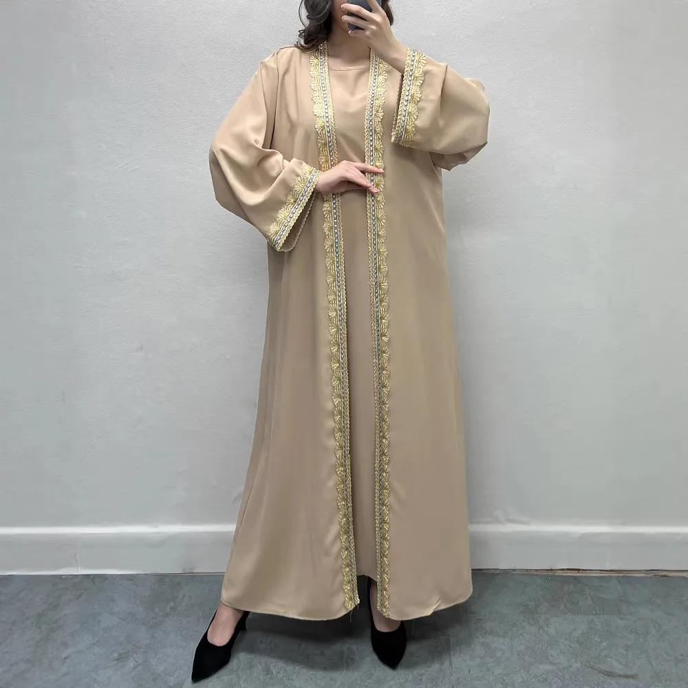 

Распродажа: Элегантная женская абайя из ткани Нида с золотой кружевной отделкой и небольшим разрезом снизу, благородный кардиган, мусульманская исламская одежда для Ид.