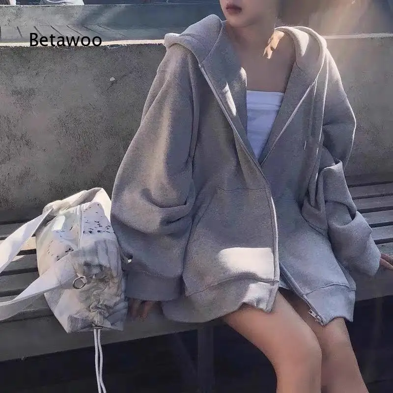 Loose casual hooded jacket for women zip front open coat relaxed oversized cutting stylish outer top for autumn winter daily st