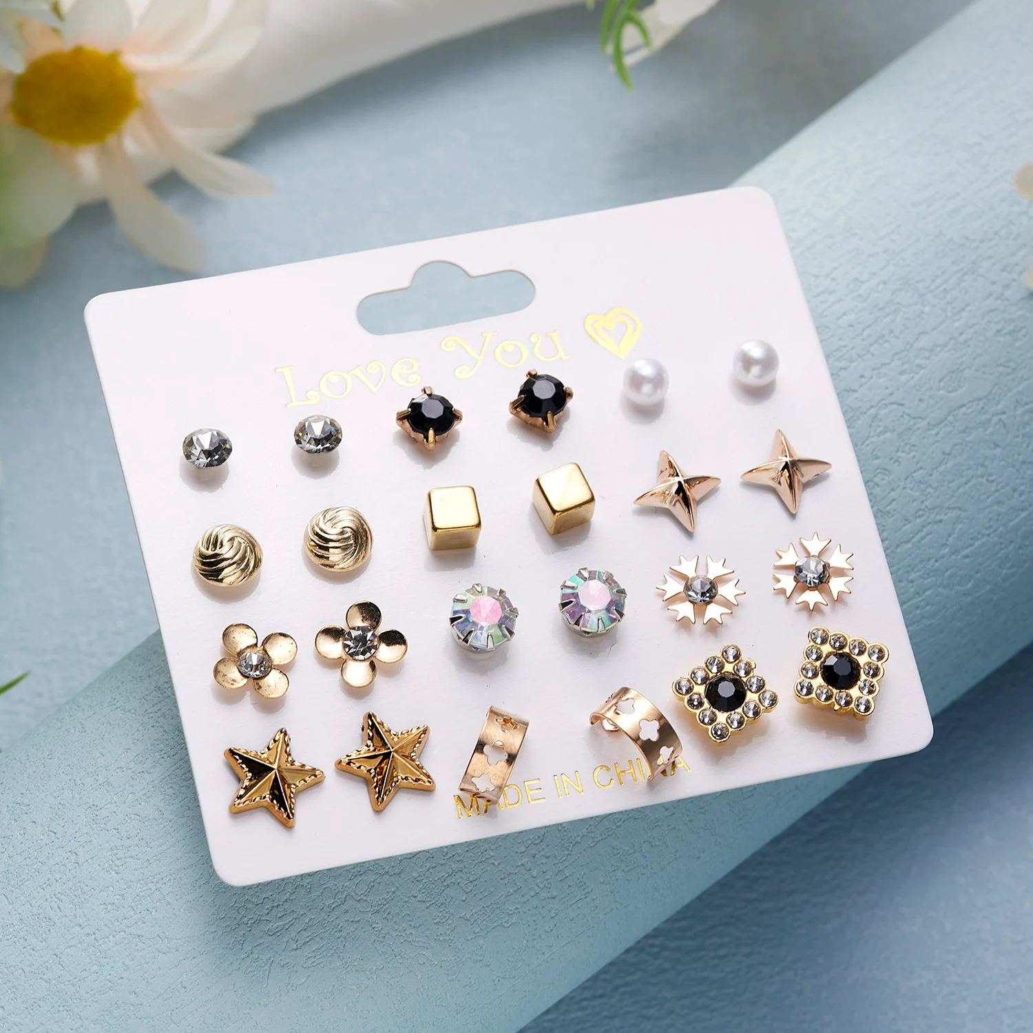 12 Pairs/Set Flower Heart Earrings Set for Women Geometric Rhinestone Simulated Pearl Piercing Ball Earring Jewelry Accessories