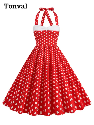 Imagen 1 del producto Tonval-ropa Retro de los años 50 con estampado de lunares y cuello Halter para mujer, vestidos de algodón plisados de fiesta Vintage de noche sin espalda