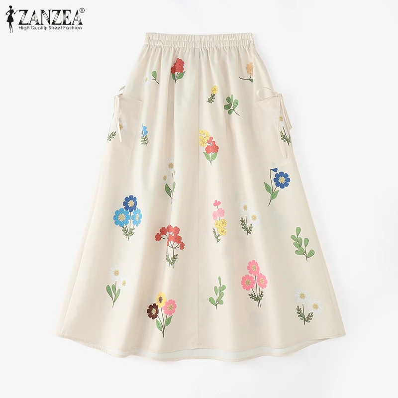 ZANZEA Modne Spódnice Maxi Damskie 2025 Jesienne Długie Spódnice z Kwiatowym Nadrukiem, Elastyczna Talia, Luźne Spódnice na Wakacje, Jupes Faldas Saia