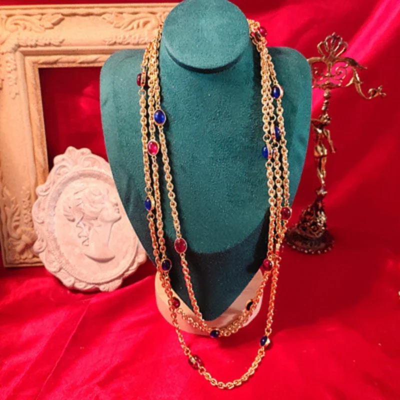 Mid-Ancient Royal Blue Red Double-Sided Glaze Simple Gold-Plated Necklace Clavicle Chain Women's Sweater Chain