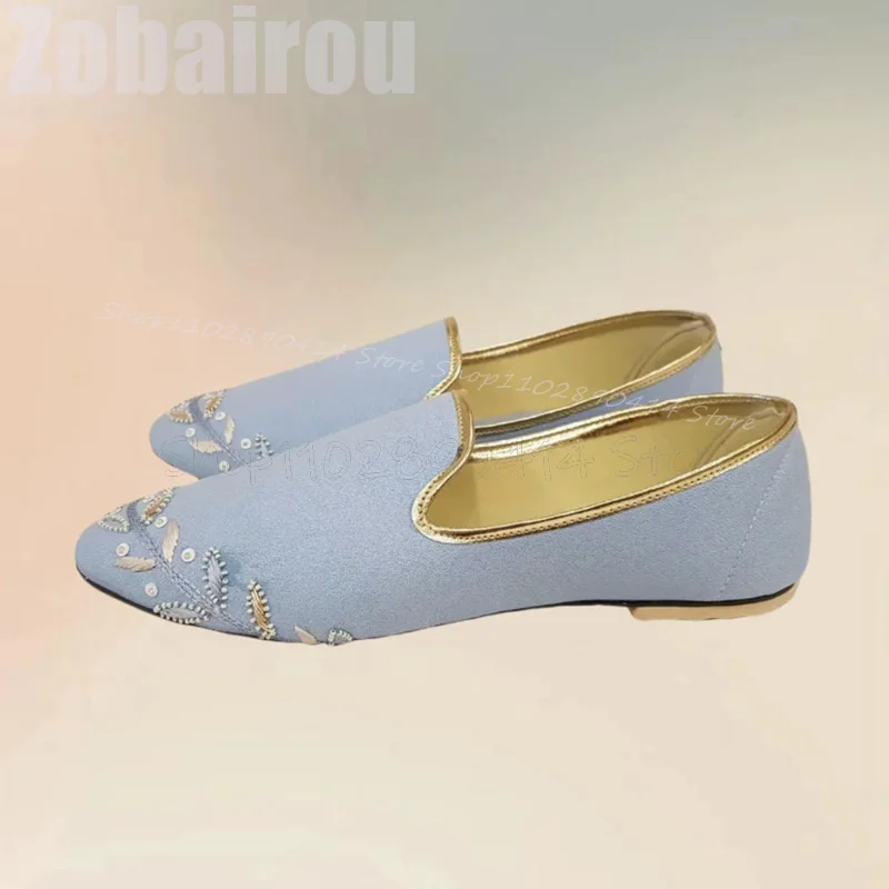 Sepatu Loafer Penny Desain Bordir Bunga Biru Langit, Sepatu Pria Slip On Modis, Sepatu Kasual Pria Buatan Tangan Mewah untuk Pesta, Jamuan Makan, Kencan