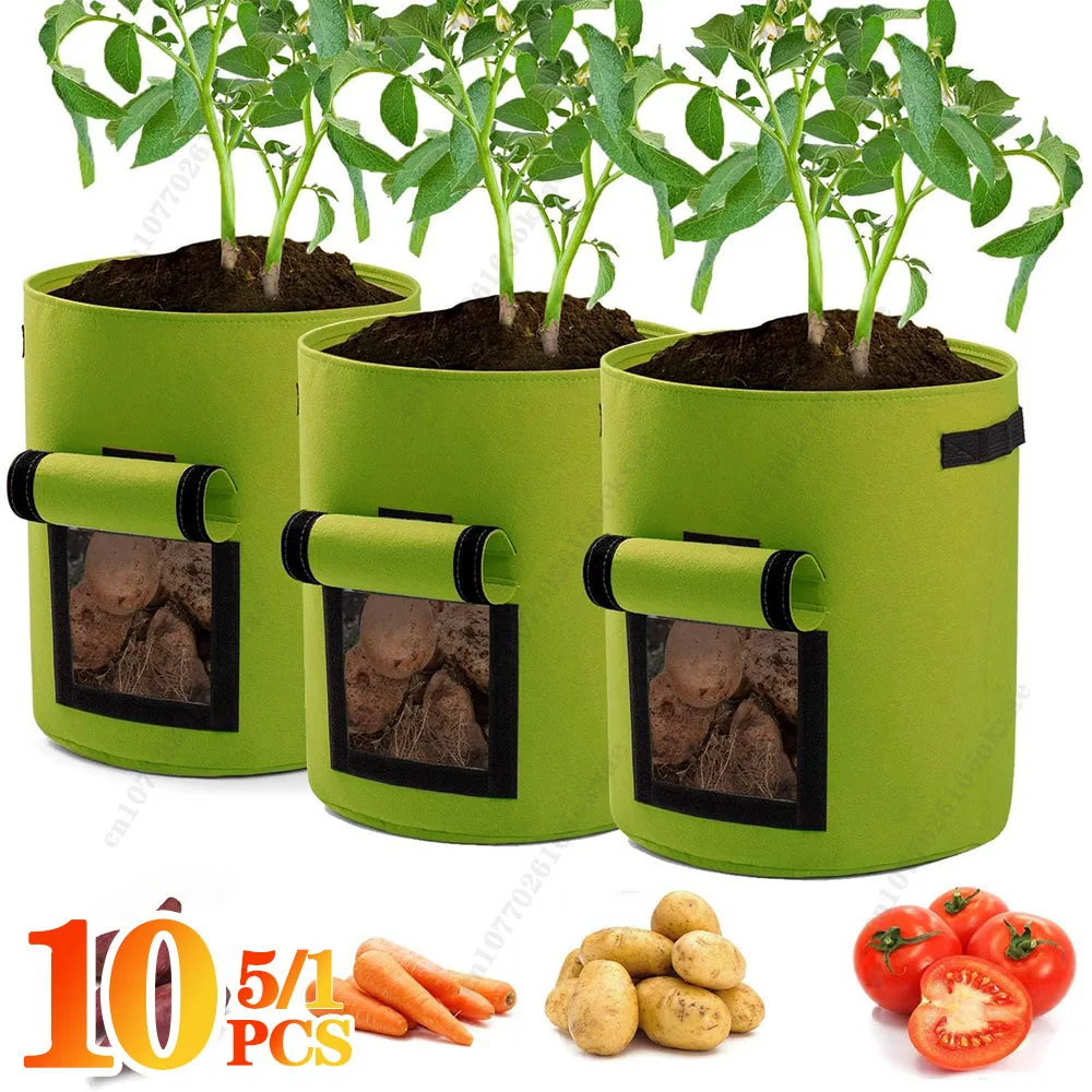 

5/10Gallon Felt Plant Grow Bags Nonwoven Fabric Garden Potato Pot Greenhouse Vegetable Growing Bags Moisturizing Vertical Tools
