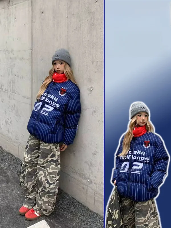 

Зимнее утепленное хлопковое пальто в американском стиле с контрастными полосками, свободного кроя, для женщин, больших размеров, повседневное, теплое