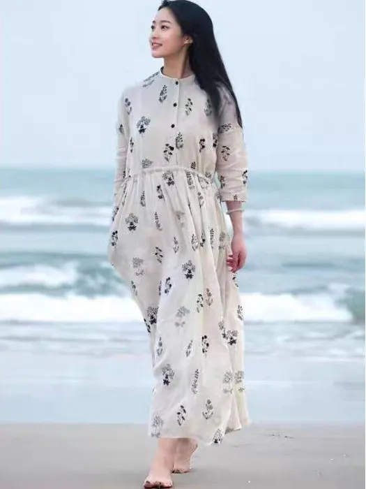 Jupe mi-longue trapèze en coton et lin pour femmes, ample, motif Floral, saison de printemps, tissu imprimé Ne rond, moyen Thi Seven Sve