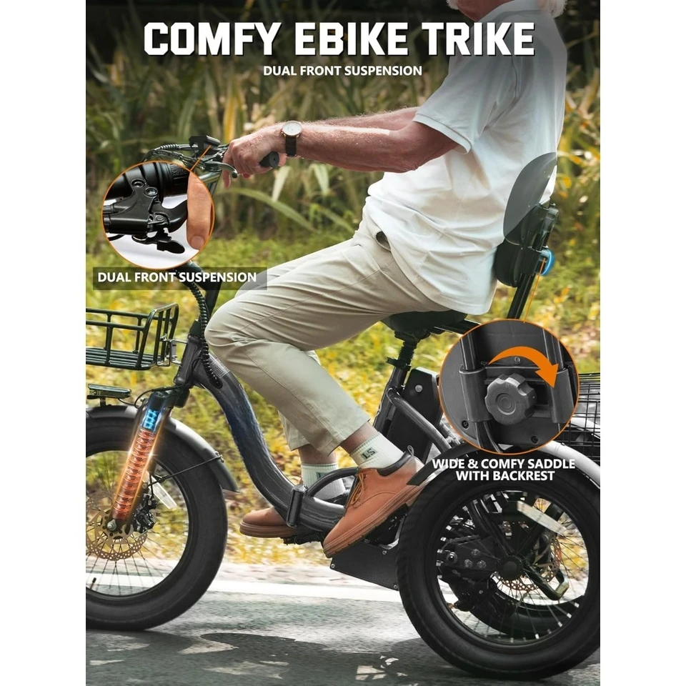 LocalStock Folding 3 Wheel Electric Bike 1200W Motor 18MPH 55 Miles Fat Tire Ebike Step-Thru Tricycle for Adults with Removable
