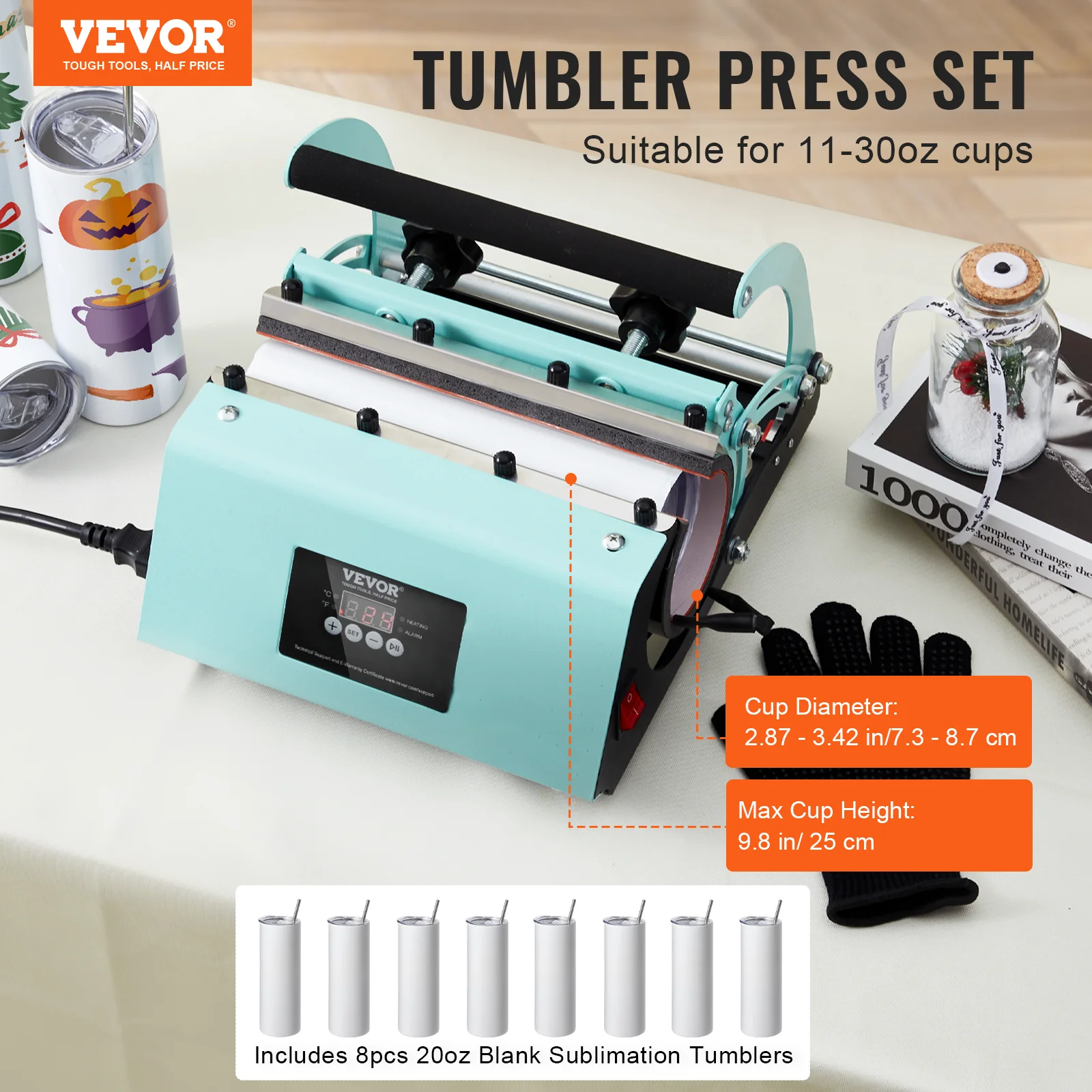 VEVOR Tumbler Heat Press Machine and Sublimation Tumblers Tumbler Press Set with 8pcs 20OZ Blank Tumblers Mug Press Cup Press