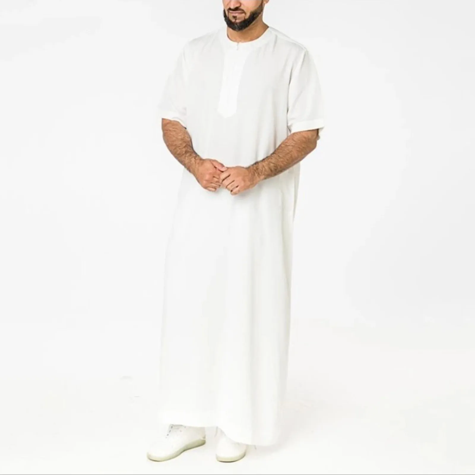 Mens Solid Color Robes Saudi Style Zipper Jubba Thobe Man Vintage Short Sleeve O Neck Muslim Arabic Islamic Clothing For Men