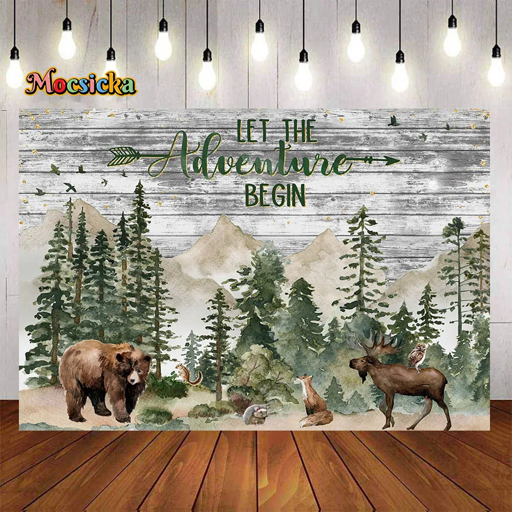 Wild One Baby Shower Backdrops Let the Adventure Begin Backgrounds Banners Forest Animal Theme Birthday Party Wooden Photobooth