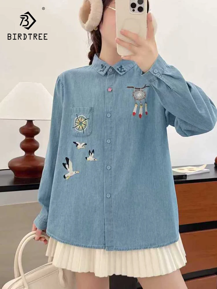 

New 2025 Autumn Long Sleeve Denim Shirt, Women Turn-down Collar Embroidery, Mori Girl French Age Reduction Loose Blouse T5O680CC