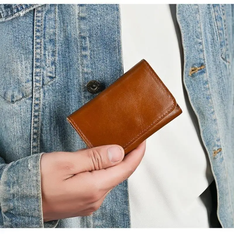 Echte Rindsleder-Geldbörse für Männer und Frauen, Vintage Handgefertigte Kurze Kleine Herren-Geldbörse, Kompakter Kartenhalter, Leder-Münzbörse – Detail 15