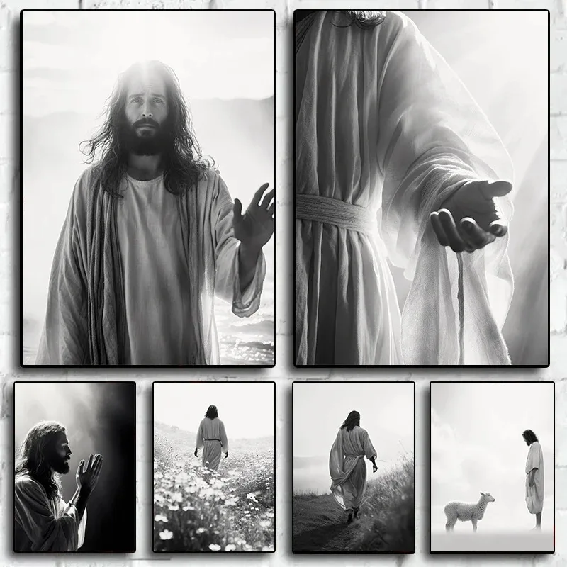 Black and White Jesus Faith Cross on Hill Poster Print Canvas Painting Modern Religious Wall Art Picture for Room Home Decor