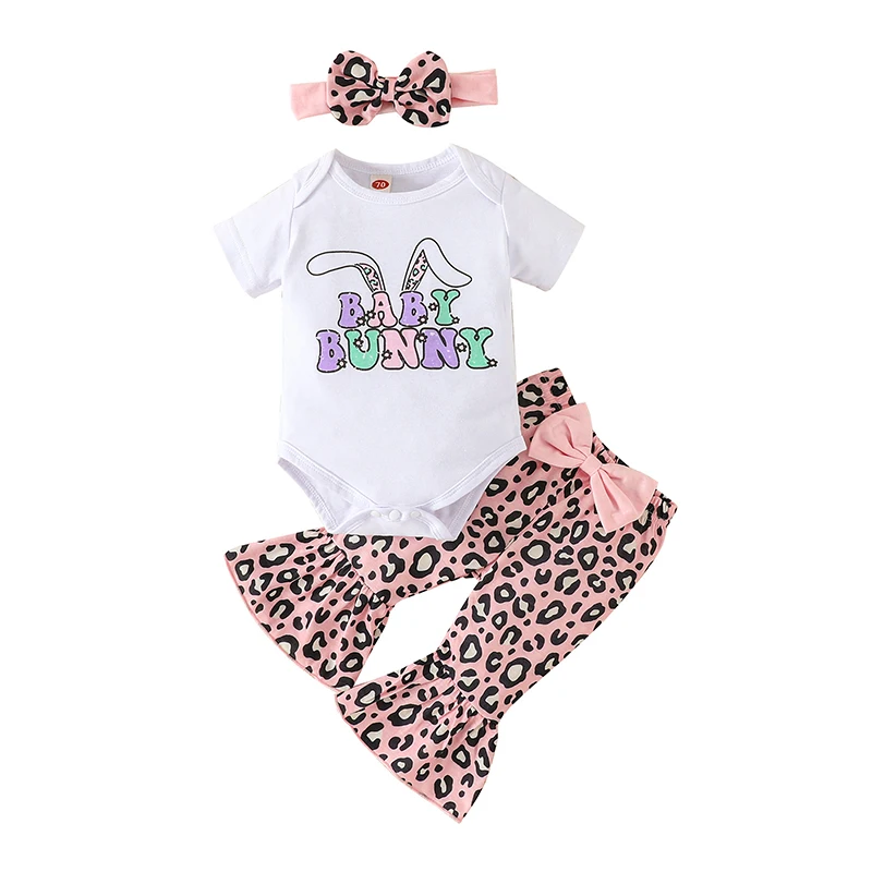 

Toddler Baby Girls Easter Outfits Bunny Rabbit Short Sleeve T-Shirt Tops Floral Flared Bell-Bottom Romper Pants