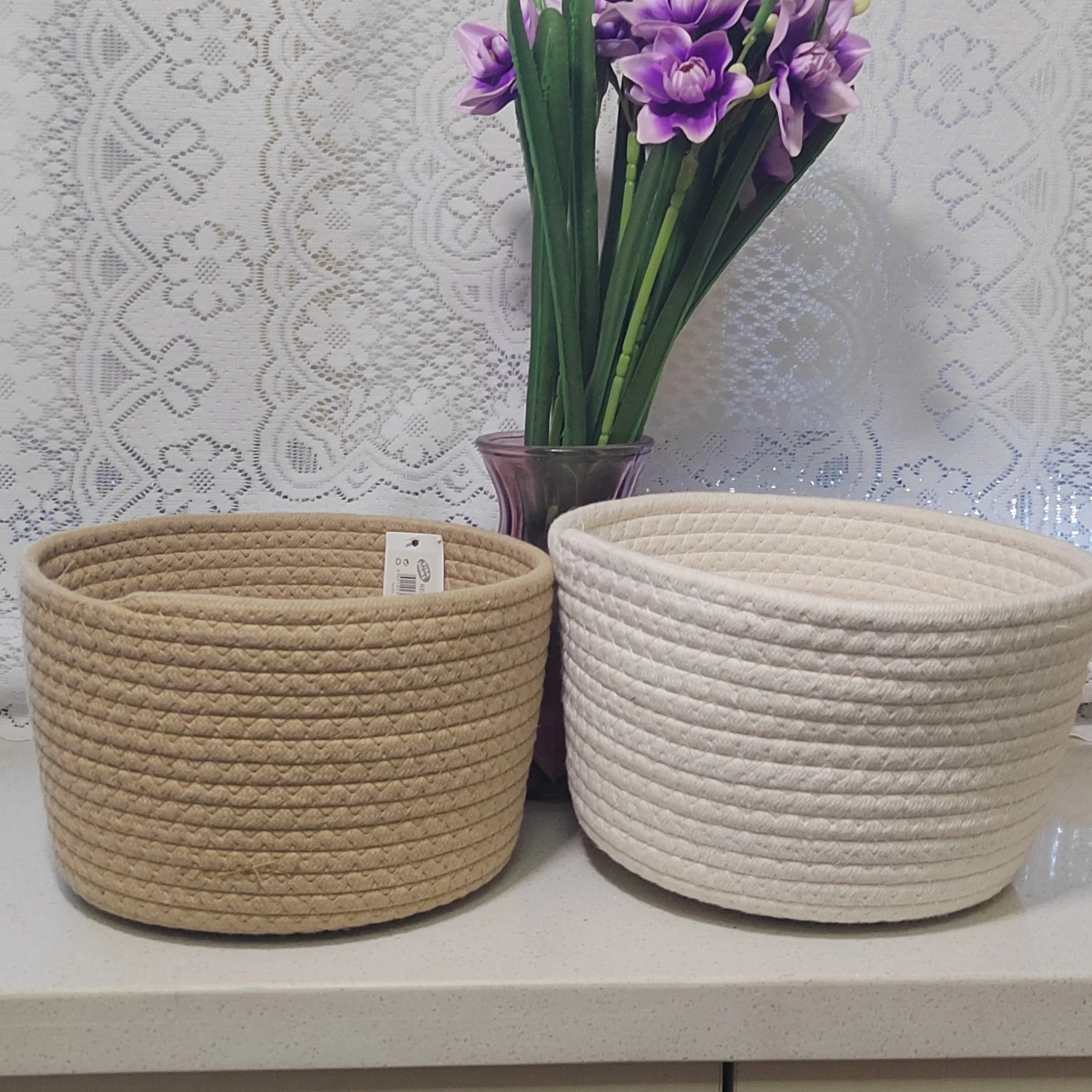 

Корзина для хранения из хлопкового каната, круглая, для рабочего стола, мелочей, косметики, закусок, для прихожей, ручная работа