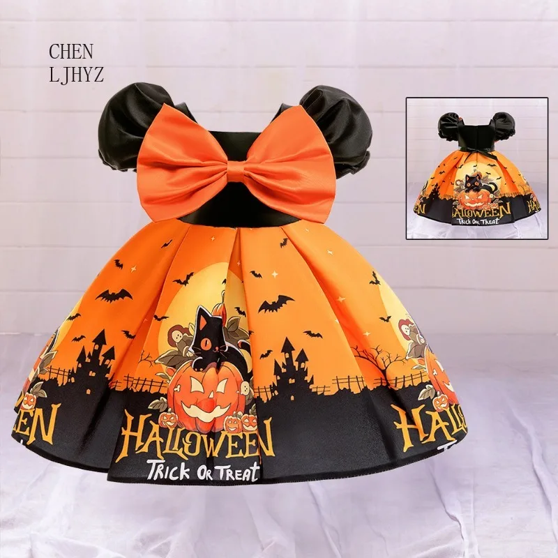 Wan Sheng Children's Dress Girl Cartoon Witch Pumpkin Ghost Skull Printed cosplay Party Festival Performance Dress