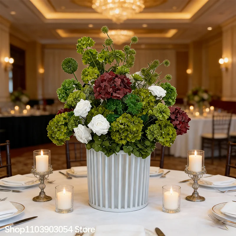 5D Grüne Burgunderrote Hortensie Künstliches Tisch-Centerpiece Blumenarrangement Luxuriöse Hochzeits-Bankett-Esstisch-Dekoration – Detail 8
