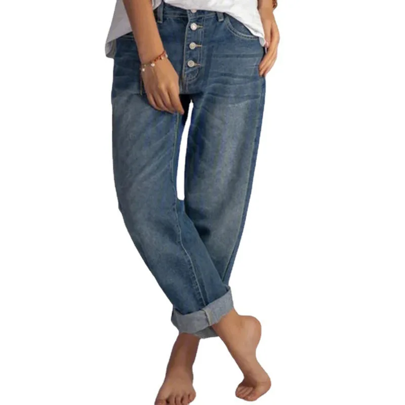 2026 Jeans Straight Pants Women Denim Spliced Button Loose Pockets Y2k High Waist Wash Ankle Length Vintage Distressed Basics